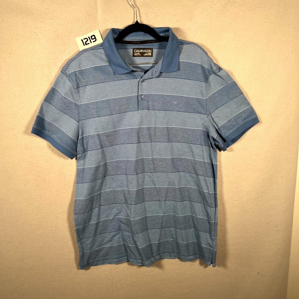 Calvin Klein Liquid Touch Polo Shirt Men XL Blue Striped Golf Tennis Performance